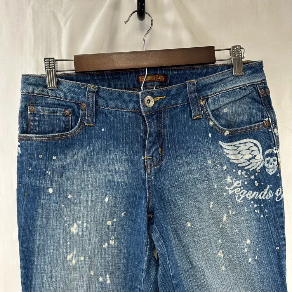 Zana Di Jeans Womens 11 Blue Y2K Skull Wing Rhinestone Paint Splatter Graphic